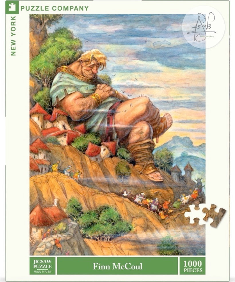 Finn McCoul jigsaw puzzle featuring a towering giant sitting amidst a colorful landscape of mountains and small houses. The scene includes various characters climbing the hillside and intricate details in the background, all presented in vibrant colors. The puzzle contains 1000 pieces, offering a delightful challenge for puzzle enthusiasts.