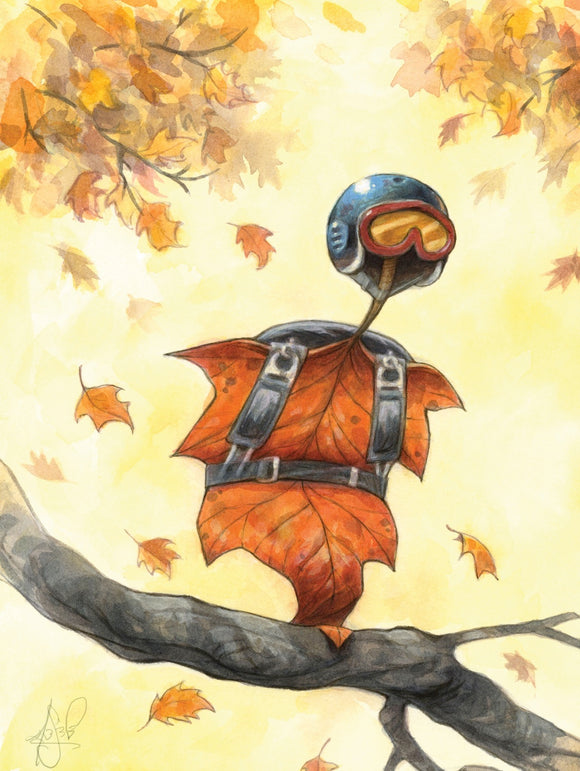 A whimsical jigsaw puzzle titled 'Freefall' by New York Puzzle Company. The artwork features a character with a helmet and goggles, adorned with leaves, appearing to float among falling autumn foliage against a soft yellow background.