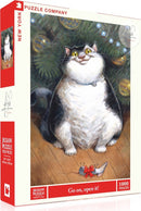Go On, Open It! jigsaw puzzle by New York Puzzle Company featuring a playful cat sitting under a decorated Christmas tree. The puzzle contains 1000 pieces and measures 19x26 inches when completed, showcasing vibrant colors and intricate details.