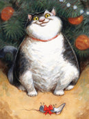 A charming jigsaw puzzle featuring a playful cat with a happy expression sitting next to a mouse toy adorned with a red bow, set against a backdrop of a Christmas tree with ornaments.