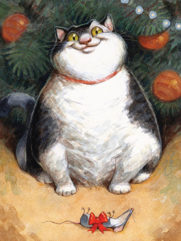 A charming jigsaw puzzle featuring a playful cat with a happy expression sitting next to a mouse toy adorned with a red bow, set against a backdrop of a Christmas tree with ornaments.