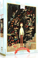 The Mushroom Boy jigsaw puzzle by New York Puzzle Company features an illustrated scene of a child standing in a whimsical forest filled with colorful mushrooms. The box is adorned with vibrant artwork, contributing to a dreamlike atmosphere, and has a clear labeling of '500 piece puzzle' with an artistic logo design.