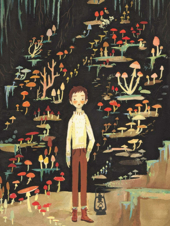A whimsical jigsaw puzzle titled 'Mushroom Boy' by New York Puzzle Company, depicting a hand-drawn boy standing amidst a vibrant forest filled with colorful mushrooms. The boy wears a cream sweater and brown pants, holding a lantern, with enchanting mushrooms of various shapes and colors surrounding him in a dark, magical landscape.