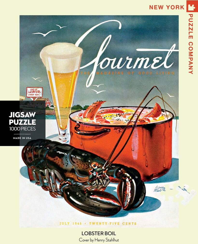 A vibrant jigsaw puzzle image titled 'Lobster Boil' from the New York Puzzle Company, featuring a classic illustration by Henry Stahlhut. The scene showcases a lobster in the foreground, a pot of boiling seafood, and a refreshing beer against a scenic coastal background. This nostalgic design, reminiscent of the July 1945 Gourmet magazine cover, adds charm and character.