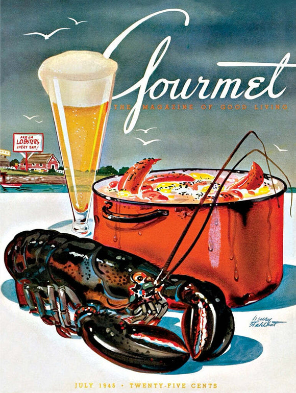 A vibrant jigsaw puzzle featuring a classic lobster boil scene. The artwork showcases a large, black lobster beside a red cooking pot filled with seafood, a tall glass of beer, and a scenic background with seagulls and coastal elements. This nostalgic design captures the essence of summer dining by the beach, perfect for puzzle enthusiasts who enjoy culinary themes.