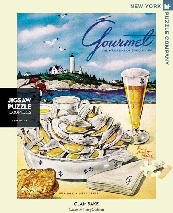 A colorful jigsaw puzzle featuring a vintage magazine cover from July 1955 titled 'Gourmet: The Magazine of Good Living'. The artwork showcases a delightful clam bake scene with a platter of oysters, lemon, and a frosted glass of beer, set against a scenic background with a lighthouse and seagulls. This 1000-piece puzzle, created by New York Puzzle Company, is designed by artist Henry Stahlhut and captures the essence of coastal dining.