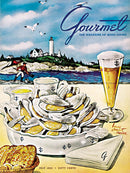 A vintage illustration from the July 1955 issue of Gourmet magazine, showcasing a picturesque seaside clam bake. The scene features a platter overflowing with clams and accompanying dishes, a person collecting shellfish near the water, and a lighthouse in the background. The overall aesthetic reflects a nostalgic, coastal dining experience.