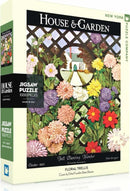 Floral Trellis jigsaw puzzle by New York Puzzle Company features a vibrant illustration of flowers and a trellis. The puzzle contains 1000 pieces and comes in a colorful box, showcasing a beautiful garden scene with a house in the background. Art by Ethel Franklin Betts Baines, perfect for puzzle enthusiasts and floral lovers.
