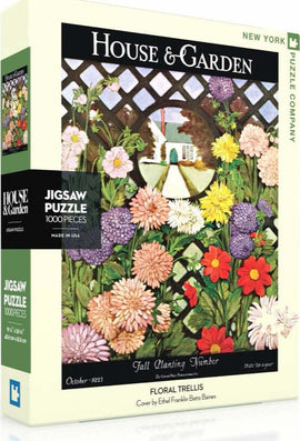 Floral Trellis jigsaw puzzle by New York Puzzle Company features a vibrant illustration of flowers and a trellis. The puzzle contains 1000 pieces and comes in a colorful box, showcasing a beautiful garden scene with a house in the background. Art by Ethel Franklin Betts Baines, perfect for puzzle enthusiasts and floral lovers.