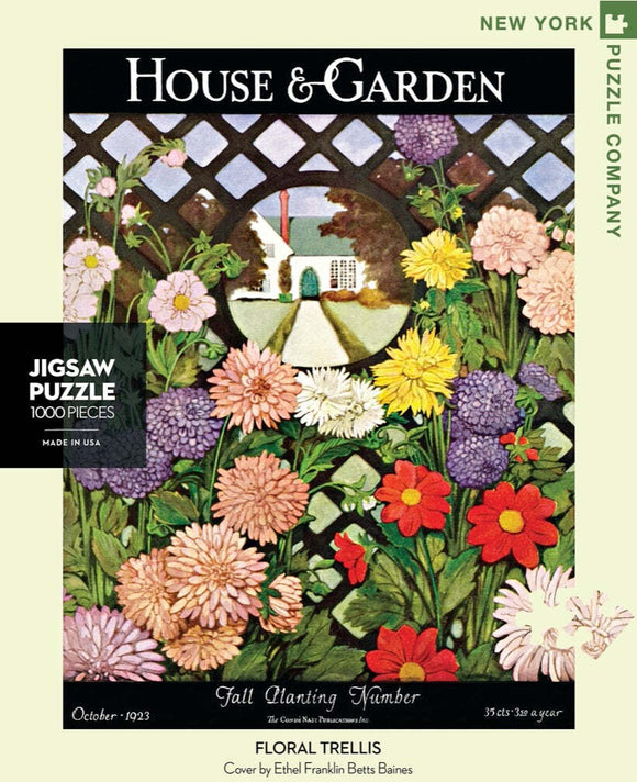A colorful jigsaw puzzle titled 'Floral Trellis' from New York Puzzle Company. The image features vibrant flowers, including daisies and chrysanthemums, framed by a decorative trellis. The cover art is by Ethel Franklin Betts Baines and represents the October 1923 issue of 'House & Garden'. The puzzle consists of 1000 pieces, perfect for floral enthusiasts and puzzle lovers alike.