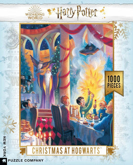 A festive jigsaw puzzle featuring a colorful scene of Hogwarts during Christmas. Characters celebrate the holiday at a table filled with food, surrounded by twinkling stars and decorations, evoking a magical atmosphere. The image showcases iconic elements of the Harry Potter universe, perfect for fans and puzzle enthusiasts alike.