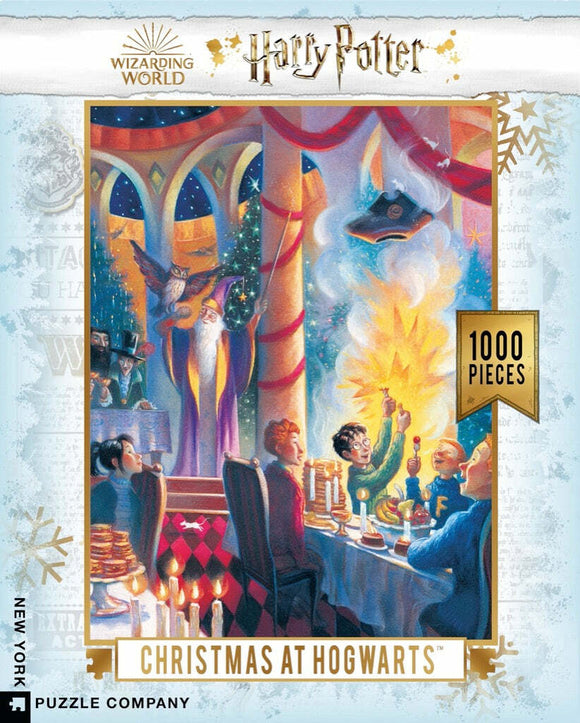 A festive jigsaw puzzle featuring a colorful scene of Hogwarts during Christmas. Characters celebrate the holiday at a table filled with food, surrounded by twinkling stars and decorations, evoking a magical atmosphere. The image showcases iconic elements of the Harry Potter universe, perfect for fans and puzzle enthusiasts alike.