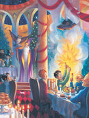 A vibrant illustration of a festive gathering at Hogwarts during Christmas. Characters are seen enjoying a grand feast at a beautifully decorated long table with delicious food, while an excited boy in a green sweater shows off a magical sparkler. The room is adorned with Christmas trees and glowing candles, adding to the enchanting atmosphere.