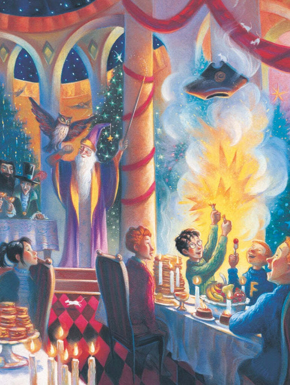 A vibrant illustration of a festive gathering at Hogwarts during Christmas. Characters are seen enjoying a grand feast at a beautifully decorated long table with delicious food, while an excited boy in a green sweater shows off a magical sparkler. The room is adorned with Christmas trees and glowing candles, adding to the enchanting atmosphere.