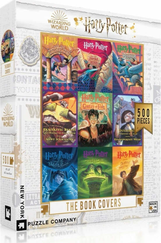 Harry Potter - The Book Covers jigsaw puzzle featuring 500 pieces, showcasing vivid illustrations of various Harry Potter book covers, including 'Fantastic Beasts', 'Goblet of Fire', and more. Packaged in a colorful box with the New York Puzzle Company branding.