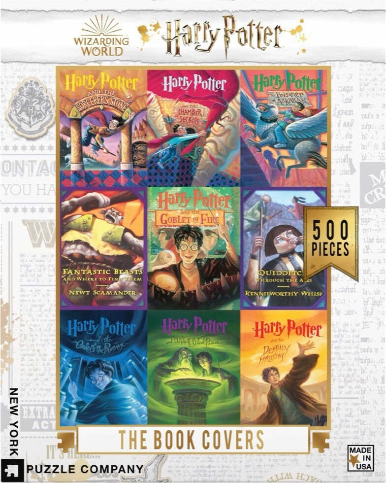 Jigsaw puzzle by New York Puzzle Company featuring vibrant illustrations of Harry Potter book covers, including 'Sorcerer's Stone', 'Chamber of Secrets', 'Prisoner of Azkaban', 'Goblet of Fire', 'Order of the Phoenix', 'Half-Blood Prince', 'Deathly Hallows', and 'Fantastic Beasts'. This 500-piece puzzle is perfect for fans and collectors, showcasing the whimsical art of the wizarding world.