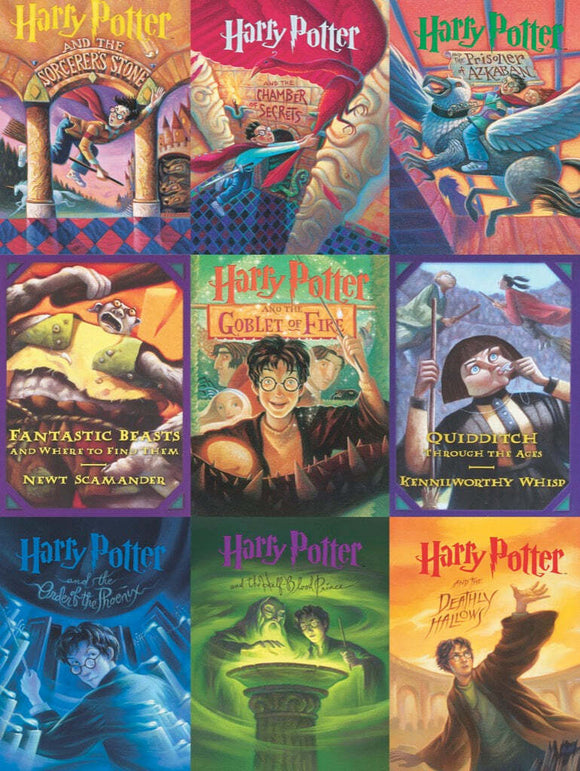 A vibrant jigsaw puzzle featuring the illustrated book covers from the Harry Potter series. The image showcases iconic covers including 'The Sorcerer's Stone,' 'The Chamber of Secrets,' 'The Goblet of Fire,' 'The Order of the Phoenix,' and more. Each cover is richly designed with colorful characters and scenes from the wizarding world, making it a perfect puzzle for fans of all ages.