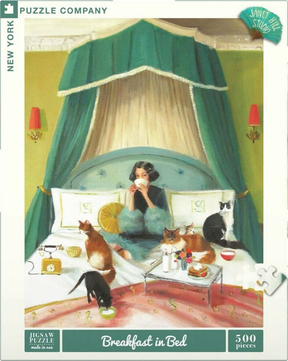 A colorful jigsaw puzzle featuring a serene breakfast scene in bed. A woman sips tea surrounded by five cats, with a cozy green canopy above and a flower vase on the tray beside a well-set breakfast.