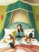 A cozy jigsaw puzzle scene depicting a woman in a luxurious bedroom sipping tea while surrounded by four cats. The room features a plush bed draped with green fabric, ornate decor, and a breakfast tray with food items. The woman, dressed elegantly, enjoys a tranquil moment of relaxation amid her feline companions.