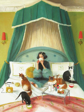 A cozy jigsaw puzzle scene depicting a woman in a luxurious bedroom sipping tea while surrounded by four cats. The room features a plush bed draped with green fabric, ornate decor, and a breakfast tray with food items. The woman, dressed elegantly, enjoys a tranquil moment of relaxation amid her feline companions.