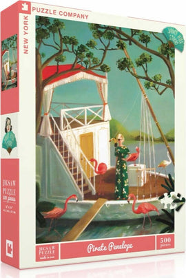 Pirate Penelope jigsaw puzzle from New York Puzzle Company featuring a vibrant scene of a woman in a green dress surrounded by flamingos on a dock. The puzzle contains 500 pieces and showcases colorful artwork by Janet Hill Studio. The packaging displays an artistic representation of the scene, making it appealing for puzzle enthusiasts.