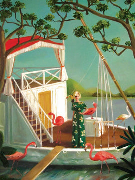 A whimsical jigsaw puzzle titled 'Pirate Penelope' by New York Puzzle Company. The image features a stylish woman in a green floral dress standing on a deck surrounded by pink flamingos, with a vibrant background of trees and a serene water body.