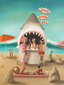 A vibrant jigsaw puzzle illustration featuring a fun beach scene. The 'Sand Shark Bar' has a large shark's mouth as an entrance. People are enjoying colorful drinks at the bar, while others relax on the beach. One person is reading, and playful beach elements are scattered around, like umbrellas and surfboards.