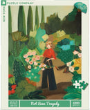 Not Even Tragedy jigsaw puzzle featuring a vibrant garden scene with a woman in a red blouse tending to flowers. The artwork showcases lush greenery and colorful plants, ideal for puzzle enthusiasts.
