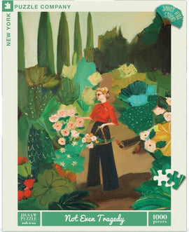 Not Even Tragedy jigsaw puzzle featuring a vibrant garden scene with a woman in a red blouse tending to flowers. The artwork showcases lush greenery and colorful plants, ideal for puzzle enthusiasts.