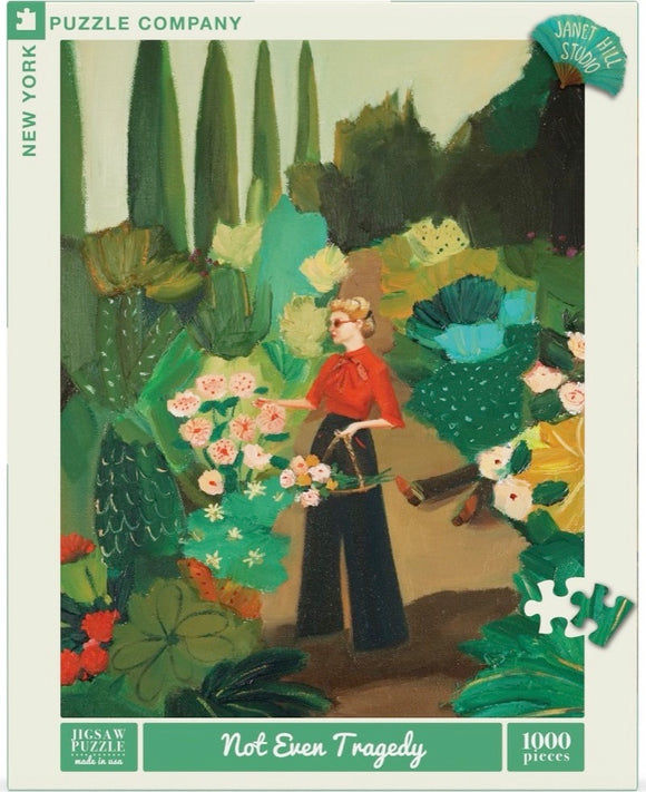 Not Even Tragedy jigsaw puzzle featuring a vibrant garden scene with a woman in a red blouse tending to flowers. The artwork showcases lush greenery and colorful plants, ideal for puzzle enthusiasts.