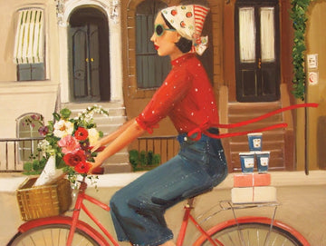 A painting of a woman riding a red bicycle with a basket of colorful flowers at the front. She wears a red polka dot shirt and green sunglasses, with a bandana on her head. In the bicycle's rear sits a stack of boxes and cups, while brownstone buildings serve as the backdrop.