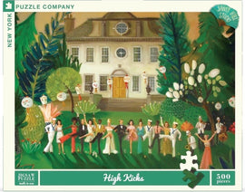 High Kicks Jigsaw Puzzle by New York Puzzle Company featuring a vibrant illustrated scene of elegantly dressed characters celebrating outside a grand house, complete with lush greenery and festive decorations. The artwork is by Janet Hill Studio and consists of 500 pieces, perfect for puzzle enthusiasts.