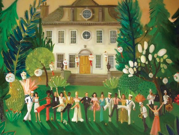 A vibrant and colorful illustration for the jigsaw puzzle titled 'High Kicks' by New York Puzzle Company. The artwork depicts a lively scene with a group of elegantly dressed people celebrating outside a grand mansion. The characters are cheerfully engaged in various dance poses, surrounded by lush greenery and decorative lanterns, creating a festive atmosphere. The background showcases a beautiful house, adding to the festive charm.