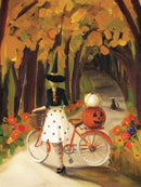 A whimsical jigsaw puzzle titled 'The Hollow' featuring an autumn scene with a witch riding a red bicycle. She wears a black top and a star-patterned white skirt, with a jack-o'-lantern and a white pumpkin in the bike basket. The background showcases a colorful pathway framed by trees with yellow and orange leaves, adding to the fall ambiance.