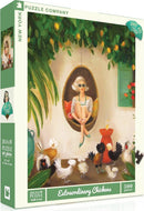 The packaging for the 'Extraordinary Chickens' jigsaw puzzle by New York Puzzle Company features a whimsical illustration of a stylish woman with sunglasses lounging in a hanging chair surrounded by colorful chickens. The design is vibrant and playful, showcasing the creativity of Janet Hill Studio. This 500-piece puzzle is perfect for chicken lovers and puzzle enthusiasts alike.
