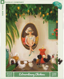 A vibrant jigsaw puzzle titled 'Extraordinary Chickens' by New York Puzzle Company featuring a whimsical illustration of a woman sitting in a hanging chair surrounded by colorful chickens and lush greenery. The scene is lively and cheerful, evoking a sense of fun and creativity, suitable for puzzle enthusiasts and fans of charming artwork.