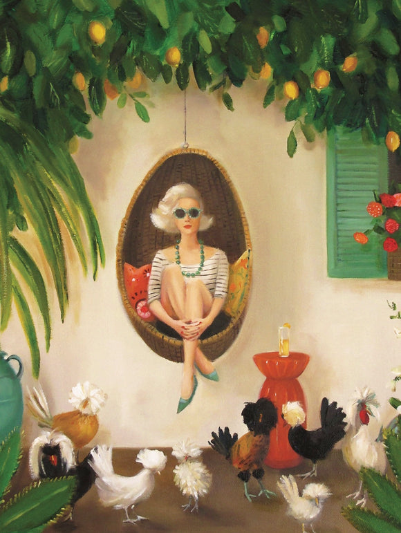 A whimsical jigsaw puzzle featuring a stylish woman sitting in a hanging chair under a lush decorative setting. Surrounding her are various breeds of chickens, including fluffy white ones and colorful feathered varieties, adding a playful charm to the scene. The background features lush plants and vibrant colors that enhance the cozy ambiance.
