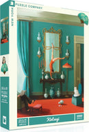 Kintsugi Jigsaw Puzzle by New York Puzzle Company features a vibrant, artistic scene showcasing a flexible figure performing a handstand on a table as a viewer reads nearby. Decorated with antique vases and a striking turquoise backdrop, this 1000-piece puzzle offers a creative challenge and a beautiful visual experience.