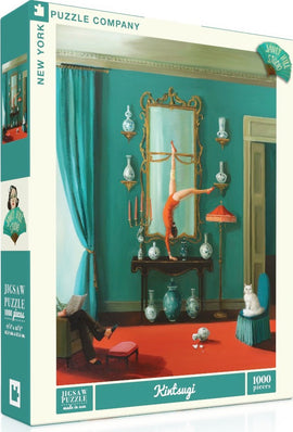 Kintsugi Jigsaw Puzzle by New York Puzzle Company features a vibrant, artistic scene showcasing a flexible figure performing a handstand on a table as a viewer reads nearby. Decorated with antique vases and a striking turquoise backdrop, this 1000-piece puzzle offers a creative challenge and a beautiful visual experience.