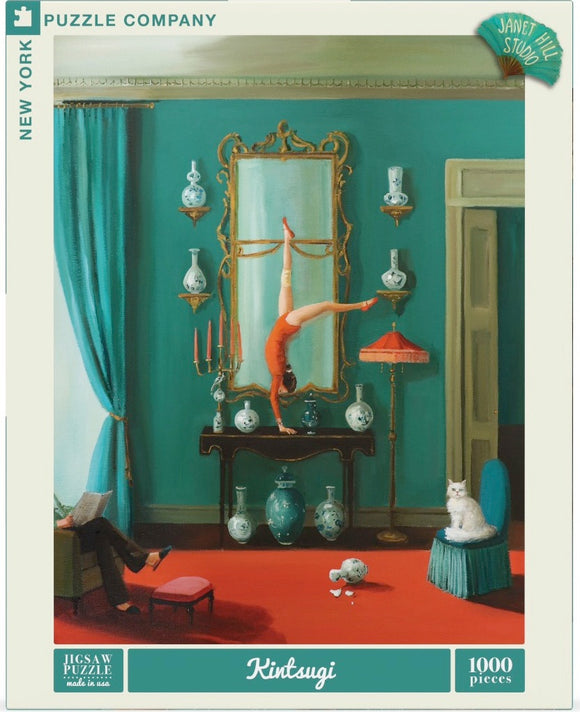 Kintsugi jigsaw puzzle by New York Puzzle Company featuring a colorful interior scene. A woman in an orange outfit performs a handstand beside a mirror, while a cat sits on a chair and a person relaxes nearby. The room is decorated with elegant vases and ornate furnishings, emphasizing artistry and tranquility.