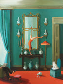 A whimsical jigsaw puzzle featuring a vivid painting of a person performing a handstand on a table adorned with blue vases and candles in a luxuriously decorated room. The background is a striking teal with golden accents, and a cat sits calmly on a chair. The scene conveys fun and artistry, perfect for puzzle enthusiasts.