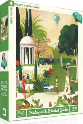 A jigsaw puzzle titled 'Fainting in the Botanical Garden' by New York Puzzle Company. The vibrant illustration features a lush garden scene with colorful flowers, palm trees, and people enjoying a sunny day. A gazebo is in the center, and a hot air balloon drifts in the sky above. The puzzle is made up of 1000 pieces, perfect for art lovers and puzzle enthusiasts.