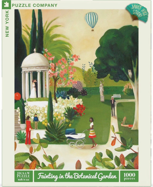 A vibrant jigsaw puzzle depicting a serene botanical garden scene. The artwork features people enjoying the garden, colorful flowers, and lush greenery, with a gazebo and a hot air balloon in the background. This 1000-piece puzzle by New York Puzzle Company captures a lively, tranquil atmosphere, perfect for puzzle enthusiasts.