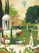 A vibrant jigsaw puzzle image titled 'Fainting in the Botanical Garden' featuring a picturesque garden scene. Elements include a classical temple, blooming flowers, and a hot air balloon in the sky. Various people are depicted in the park, such as a woman pushing a stroller, a child, and adults engaging in leisure activities amidst lush greenery.
