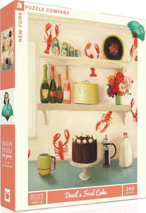 A colorful jigsaw puzzle titled 'Devil's Food Cake' by New York Puzzle Company. The image features a whimsical kitchen scene with a rich chocolate cake on a stand, surrounded by charming details like lobsters, bottles, and flowers. This 500-piece puzzle is designed to provide hours of fun and creativity for puzzle enthusiasts.