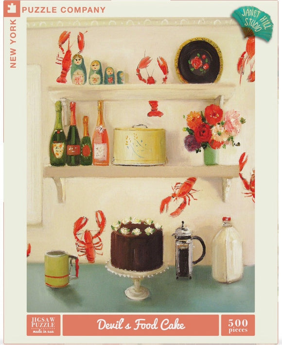 A colorful illustration of a kitchen shelf featuring a Devil's Food Cake on a pedestal, surrounded by a green coffee pot, a glass milk bottle, and lobster-themed decorations. The background showcases an array of vintage-style bottles and a vase filled with vibrant flowers, creating a cheerful culinary scene. This is a jigsaw puzzle by New York Puzzle Company, containing 500 pieces.