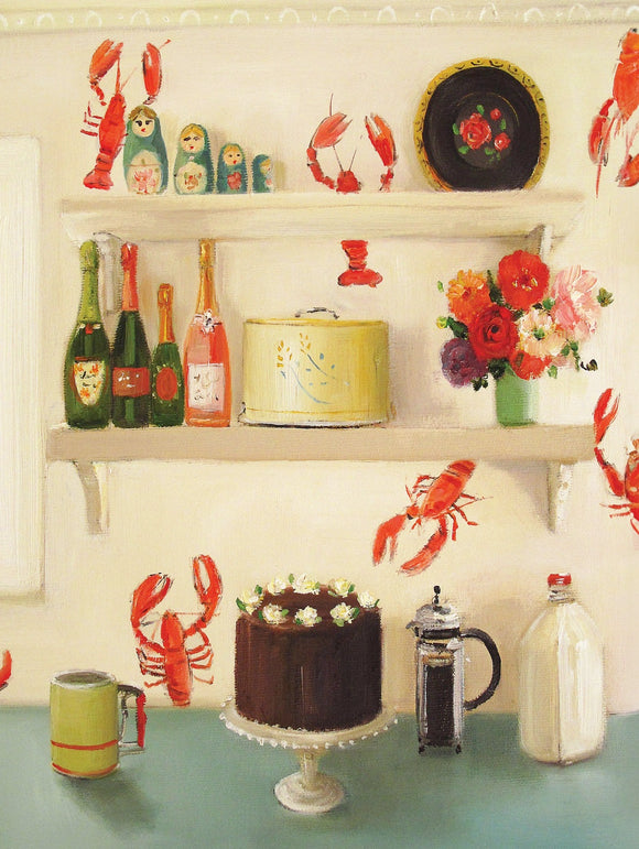 A colorful jigsaw puzzle featuring a beautifully illustrated kitchen scene with a Devil's Food Cake on a pedestal. The background includes vintage bottles, flowers in a vase, and playful lobsters. The vibrant colors and charming artwork make it a delightful puzzle for cake lovers and puzzle enthusiasts.