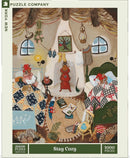 A cozy scene featuring two whimsical characters in a charming interior, surrounded by a warm atmosphere. One character is tucked into bed with a vibrant quilt, while the other relaxes on the floor next to a circular rug, books scattered around. The fireplace emits a gentle glow, and handmade decorations adorn the walls, evoking a sense of warmth and comfort.