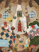 A cozy interior scene featuring two animal characters in bed, wrapped in colorful quilts. A warm stove glows in the corner, while books are scattered on the floor and on a small table beside a chair. Colorful socks hang on a line above, and a painting of a tree is visible on the wall, complementing the whimsical and peaceful atmosphere.