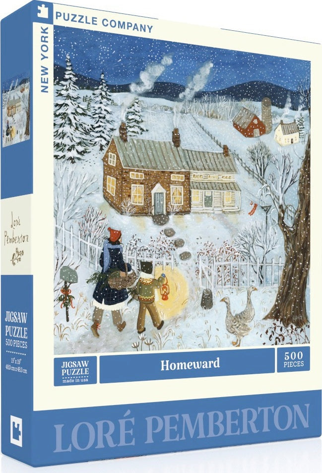 Homeward jigsaw puzzle by New York Puzzle Company featuring a winter scene depicted by artist Loré Pemberton. The image shows two individuals walking home through a snowy landscape, surrounded by pine trees and a gentle falling snow. The cozy home in the background has smoke curling from its chimney, enhancing the warm and inviting atmosphere of the piece. This 500-piece puzzle offers a charming challenge for puzzle enthusiasts.